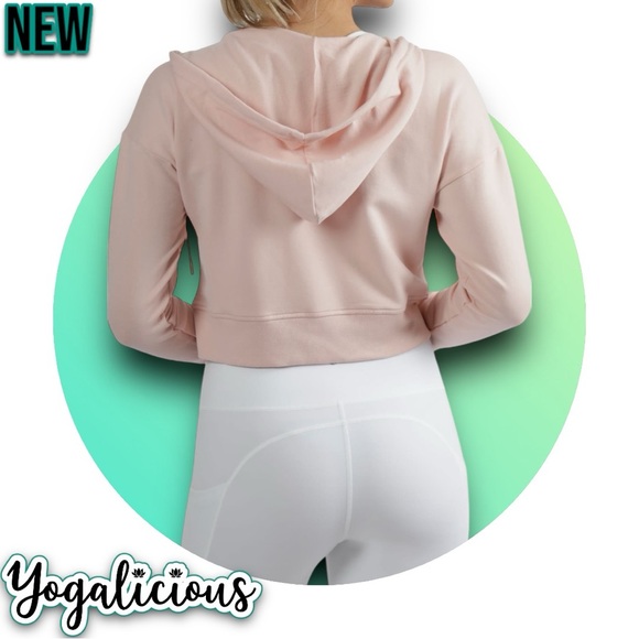 New NWT YOGALICIOUS Terry Brushed Crop Hoodie Peach Whip - Picture 2 of 5